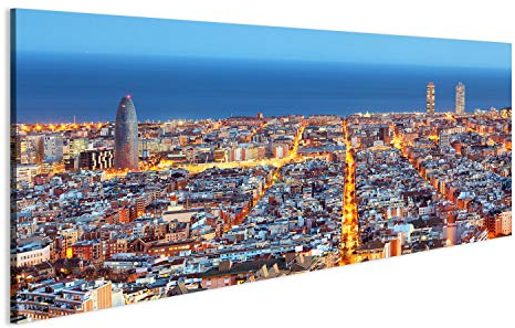 islandburner, Bild auf Leinwand Skyline von Barcelona, Luftaufnahme bei Nacht, Spanien Wandbild Poster Leinwandbild