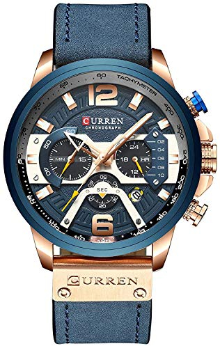 Herren-Lederuhr, Chronograph, modisch, Militär, multifunktional, wasserdicht, Quarzuhr, Lederarmband (Silber) (blau), Blau, Militär