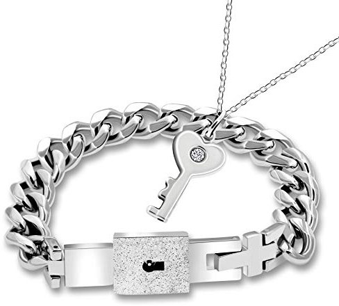 Titanium Steel Matching Puzzle Couples Lock Bracelet and Key Pendant Necklace Jewelry Set for Girlfriend Boyfriend Y808 (steel)