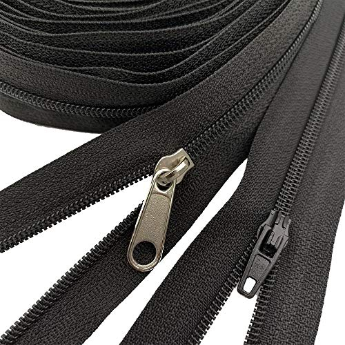 The Yard Zippers Nr. 3 Nylon Coil Zippers by The Yard mit 15 Auto-Lock-Reißverschluss-Schiebern und 10 silberfarbene Züge zum Nähen, Basteln, Taschen (#3 schwarz)