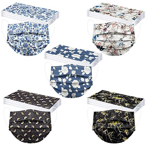 Lulupi 50Stück Einweg Mundschutz Mund-Nasenschutz Blumen Motiv 3-lagig Einmal MNS Staubdicht Elastisch Loops Halstuch Mund und Nasenschutz Atmungsaktiv Multifunktionstuch Bandana Schals