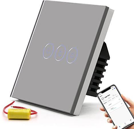 BSEED Interrupteur Connecté WiFi,Gris Interrupteur tactile 3 Gang 1 Voie,Compatible avec Amazon Alexa et Google Home,Interrupteur Intelligent avec Écran Tactile(aucun fil neutre requis)