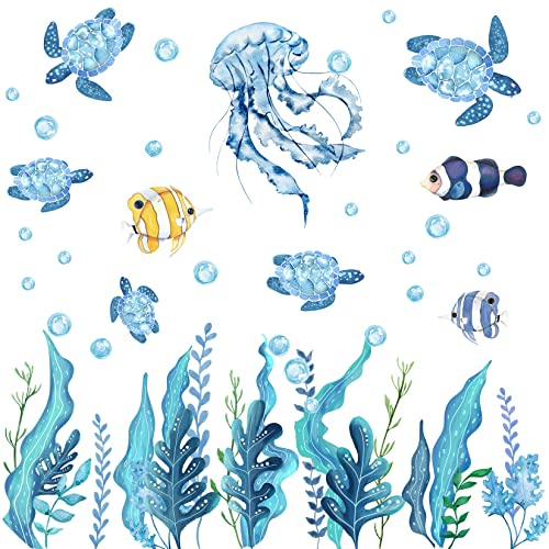 HPNIUB Bunt Badezimmer Wandtattoo,Wandtattoo Meers, Wandsticker Kinderzimmer,Cartoon Fisch Wandsticker,Unterwasserwelt Tiere Wandaufkleber für Jungen Schlafzimmer Babyzimmer Blau Deko