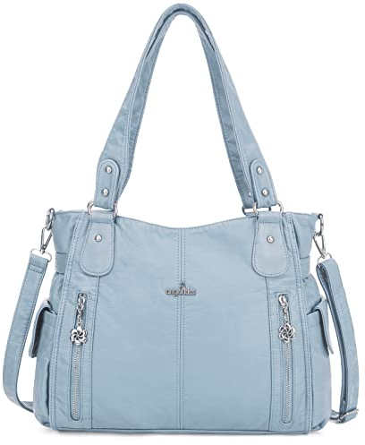 ZOCAI AngelKiss Handtasche Damen Schultertasche Multifunktionale Umhängetaschen Gewaschenes Veganes Leder Wasserdicht mit Reißver Schlusstaschen Reißverschlusstasche (Hellblau 2)