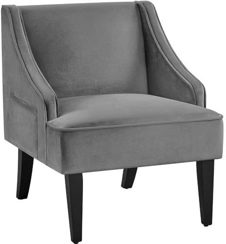 Yaheetech Tub Chair Velvet, Modern Armchair with Storage Pocket, Cozy Accent Chair Wood Legs for Living Room Bedroom Home Office, Dark Gray