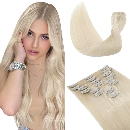 Elailite Clip in Hair Extensions Real Human Hair - 8 Pieces Thin Weft Full Head Remy Hair Straight - #60 Platinum Blonde - 12 Inch (55 g)