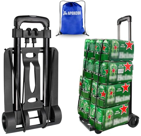 APOXCON Folding Hand Truck, Foldable Dolly Cart with Two Wheels, Collapsible Hand Cart with Adjustable Handle Lightweight Trolley Cart for Moving, Travel, Shopping, Office Use, Portable & Compact