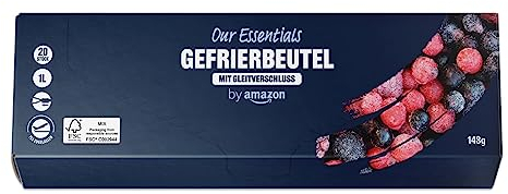 by Amazon Gefrierbeutel mit Reißverschluss, Transparent, Blau, 1 Liter, 20 Stück, 1er Pack