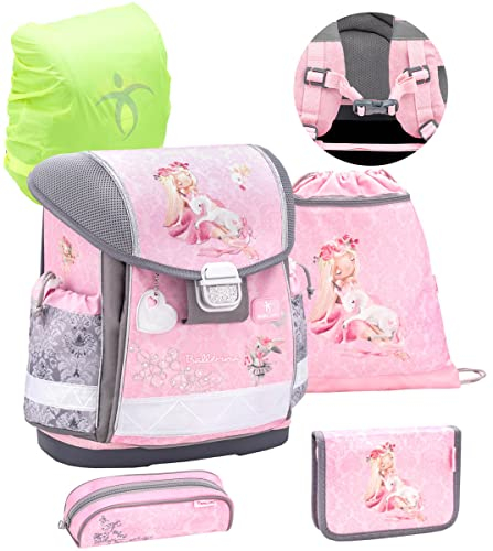 Belmil Schulranzen Set 5 - teilig ergonomischer Schulranzen Set mit Regenschutz 1. klasse 2. klasse 3. klasse - Super Leicht 930-990 g/Grundschule (Ballerina)
