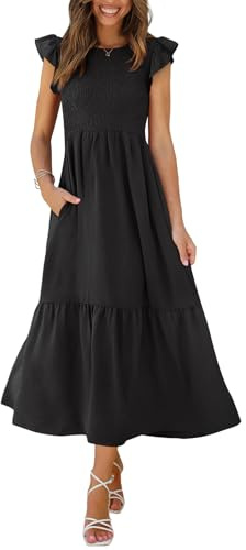 OFEEFAN Women's Casual Dresses Ruffle Sleeve Smocked Maxi Dress Church Dress Black S