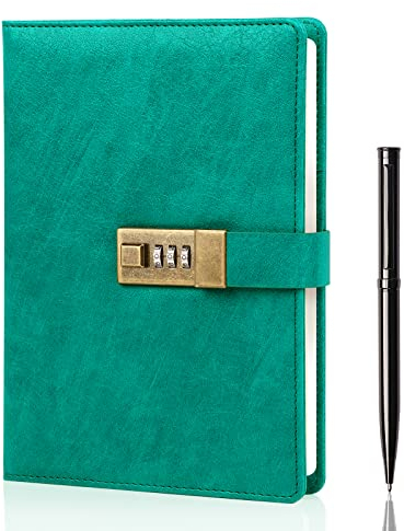 WEMATE Tagebuch mit Schloss, A5 PU Leder Journal mit Schloss 240 Seiten, Vintage Lock Journal mit Stift & Geschenkbox, abschließbares Tagebuch für Frauen & Männer, 8.6x5.8in Grün