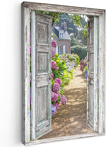 MuchoWow© Leinwandbild Klein 20x30 cm Mini Dekoration Wohnzimmer Bilder Aufhängen Wall Decoration Living Room Wohnungs Deko Moderne Fensterblick - Hortensie - Blumen