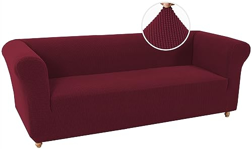 LINGKY Stretch Chesterfield Sofabezug 3 Sitzer Sofahusse mit Armlehne Spandex Jacquard Sofa Überwürfe rutschfest Sofa Überzug Waschbare Sofabezug für Haustiere (Weinrot,3 Sitzer)