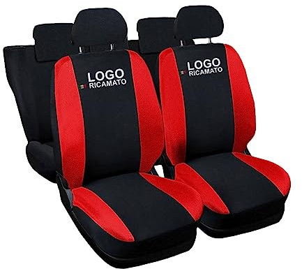 Susy Shop Coprisedili auto compatibili per Grande Punto, 3 e 5 porte, Made in Italy, set copri sedili per anteriori e posteriori, personalizzata con logo ricamato (Versione 3 Porte, Nero/Rosso)