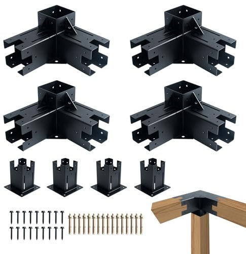 SSS Furniture Pergola Gazebo Brackets Kit 4x4(Actual: 3.7x3.7''), 3-Way Corner Extension Bracket with Pergola Post Base for Patio Pergolas, Log Cabin Outdoor Pergola Hardware - Includes Screws