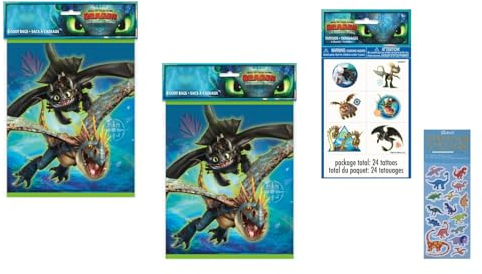 Unique El paquete de suministros de fiesta de cumpleaños de How to Train Your Dragon incluye 16 bolsas de plástico para fiesta, 24 tatuajes, 1 hoja de calcomanías de dinosaurio