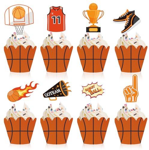 Basketball-Cupcake-Topper, Wrapper für Jungen und Mädchen, Sportthema, Basketshooting, Sneaker, Champion, Trikot, Muster, Cupcake-Dekoration für Kinder, Geburtstag, Babyparty, Party, Urlaub, Zubehör,