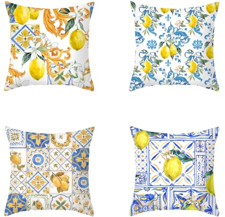 Lsydgn 4 Stück Zitronen Deko Outdoor Kissen Deko Zitrone Kissenbezug 45x45 Zitrone Kissenhülle Quadratisch Dekokissen,Geeignet Für Sofa, Schlafzimmer, Wohnzimmer, Auto, Heimdekorations-Kissenbezug