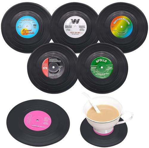 6 Stück Retro Glasuntersetzer, Schallplatten Deko Untersetzer, 10cm Tassenuntersetzer rutschfeste Getränkeuntersetzer, CD Vinyl Schallplatten-Untersetzer Geeignet für Kaffee, Bier, Saft, Bars, Partys