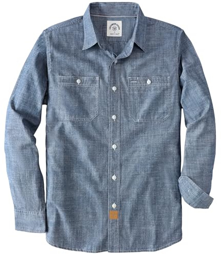 Dubinik® Chambray Shirt Men Cotton Mens Button Up Shirts Long Sleeve Casual Work with 2 Pockets Regular Fit Denim Blue