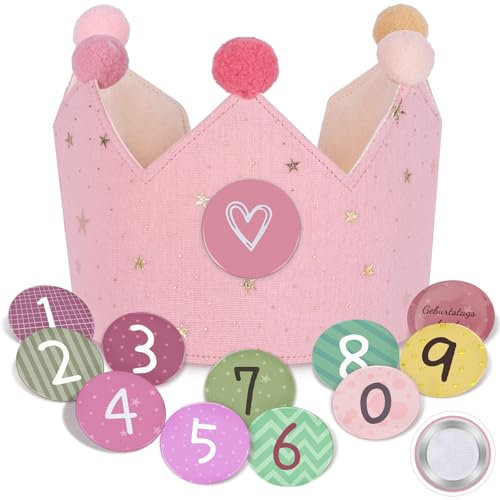 Thedttoy Geburtstagskrone Musselin für Mädchen und Jungen - Wendbare Krone mit Klett-Buttons, Zahlen von 0-9, Unisex Stoff für Kinder Geburtstag Party Deko Partyhüte
