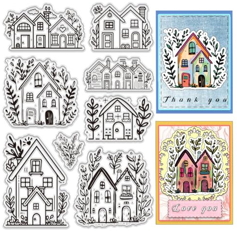 PH PandaHall Set di 8 timbri trasparenti a tema casa, in silicone, riutilizzabili, trasparenti, per scrapbooking, diari, biglietti, album e decorazioni fotografiche