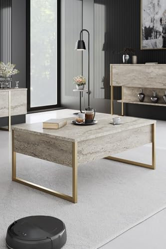 Hanah Home Elegant Coffee Table, Travertine & Gold, 90 x 60 x 40 cm | 100% Melamine Coated Particle Board, 18 mm Thick, Sturdy Metal Legs | Modern Marble Design