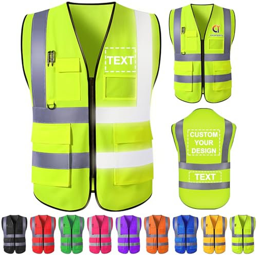 Gridachi Personalisierte Warnweste mit Logo – Reflektierende Sicherheitsweste mit Reißverschluss & Taschen – Hochsichtbare Arbeitsweste für Herren & Damen – Bedruckbar