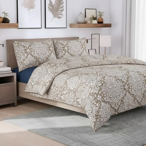 ZIYA HOMES Super King Duvet Cover Set Polycotton 3 Piece - Printed Reversible Bedding, Soft Easy Care Quilt Cover with Pillowcases (Royal Damask Beige, 260x220 cm)