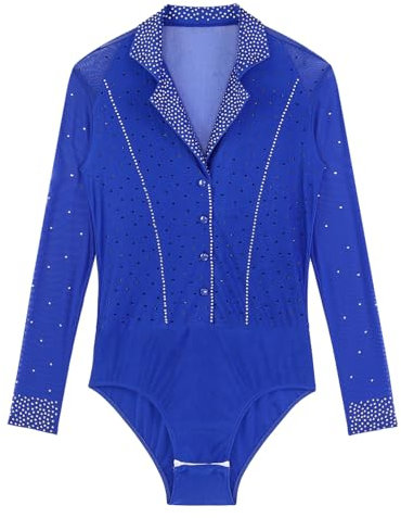 Jugaoge Herren Langarm Hemd Body Latein Tanzbody mit Glitzer Mesh Spleiß Eiskunstlauf Leotard Männer Einteiler Tanzbekleidung Blau 3XL