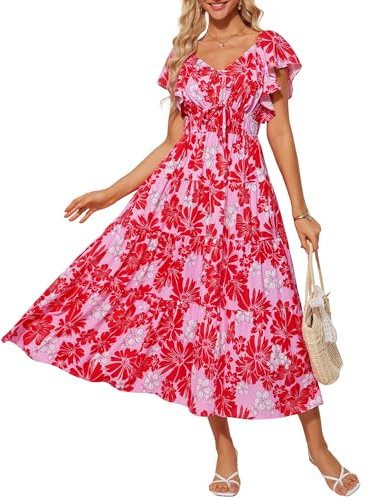 Sommerkleid Damen Blumen Freizeitkleid Rüschenärmel A-Linie Maxikleid Boho Kleid Rockabilly Kleid Rot-Rosa Blumen S
