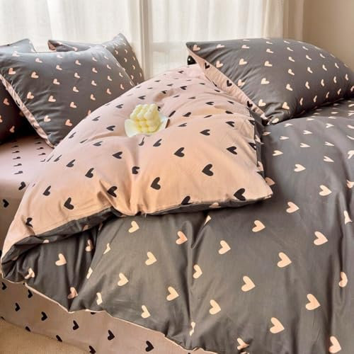 AShanlan Bettwäsche Herzen 135x200 Rosa Schwarz Herzchen Bettbezug 2teilig Set Kawaii Style Pink Herz Mädchen Aesthetic Cute Renforce Mikrofaser Wendebettwäsche Reißverschluss und 1 Kissenbezug 80x80