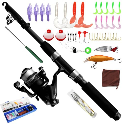 PRITOK Kids Fishing Pole Set: 1.5 m Portable Telescopic Fishing Rod with Reel Combo Kit with Tackle Box, Carbon Fiber Telescopic Fishing Rod with Full Starter Kits for Boys Girls and Youth