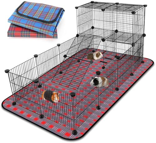 Mfsdai Extra Große Meerschweinchen Käfig Loft mit 2 Wasserdichter Bettwäsche, DIY Erweiterbare Meerschweinchen Laufgitter, Modulare Kleintier Laufgitter mit Matte Für Ratte Chinchilla (24x C&C Panels)