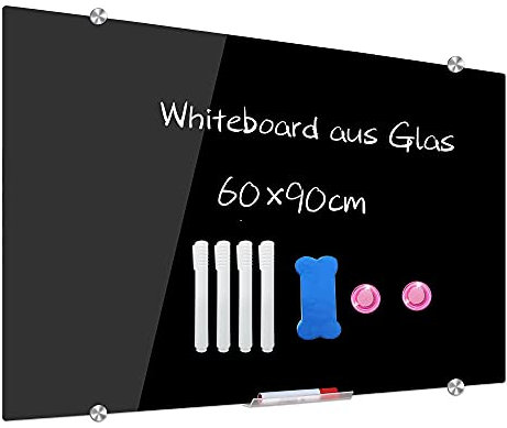 XIWODE Magnettafel Glas 90x60 Schwarz - Hochwertiges Rahmenloses Whiteboard, abwischbare Glas-Pinnwand 60 x 90 cm mit Zubehör (4 Marker, 2 Magnete, Schwamm) für Büro & Zuhause