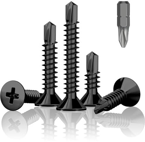 Jyvex Lot de 150 vis autotaraudeuses, noires, M4,2 x 38 mm, à tête fraisée cruciforme, vis à métal avec perceuse, vis autoforeuses en acier au carbone