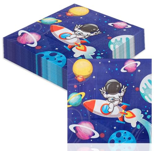 Calkkrer 20 Stück Dunkelblaue Weltraum Servietten, Astronauten Themen Partygeschirr, Kleine Planeten Dekoration, Ideal für Kinder Geburtstag, Galaxy und Rakete Motive