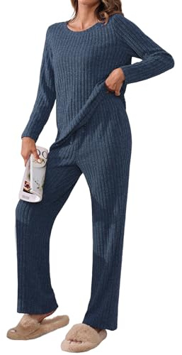TIANZHU Womens Pajamas Set Casual Ribbed Tops Wide Leg Pants with Pockets 2 Piece Lounge Nightwear Size 8-26