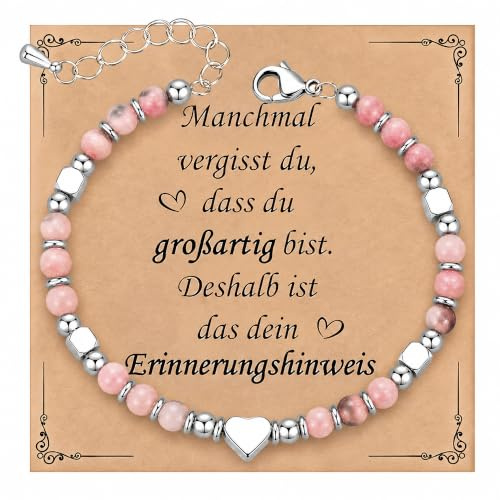 Armband Silber Herz Damen Geschenk, 4MM Natursteine Edelstahl Perlenarmband | Frauen Armbänder mit Herz Charm, Freundin Schwester Mutter Mode Schmuck Geschenke für Weihnachten Valentinstag Geburtstag