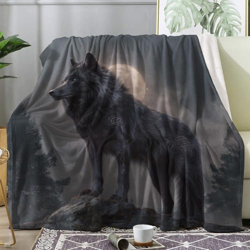 Generisch Kuscheldecke Wolf Motiv, Waldtiere Decke 220x240 XXL Groß, Fleecedecke Flauschig für Sofa Couch, Zimmer Deko & Geschenke, Sofadecken Kuschelig Weich (MF47)