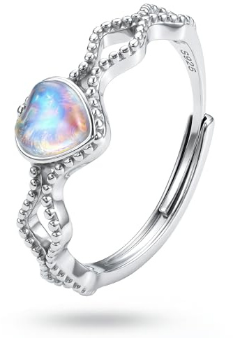 Krfy Ring Damen Silber 925 Mondstein Ring Verstellbar Ringe Weißgold Plattiert Solitaire Edelstein Oval Herz Vintage Ringe Mondstein Promise Daumenring Damen mit Geschenkbox