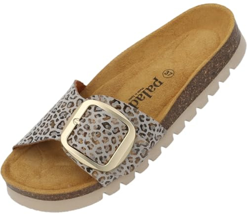 Palado Damen Pantoletten Malta MGS MP Wildcat - Sandalen Made in Spain - elegante Hausschuhe mit Kork-Fußbett - Sommerschuhe mit Animal-Print