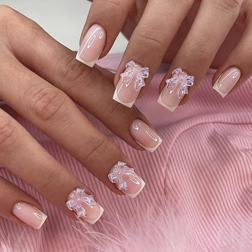 3D Bow Fake Nails - 24PCS Crystal False Nails with Glue - Short Square Press on nails - French Tip Stick on Nails - French Manicure Acrylic Nail Tips for Women Holiday & Daily Long Lasting Wearing