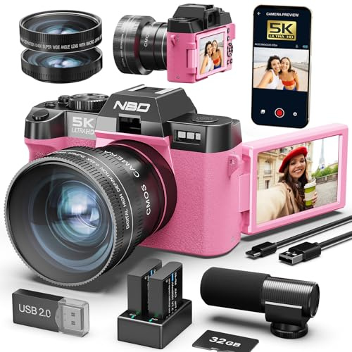 NBD 5K Digitalkamera 64MP, Autofokus, 16X Digitalzoom, Rosa | 3 Zoll 180° Klappdisplay, WLAN, Mikrofon, Weitwinkel/Makro, 2 Akkus, 32GB Karte, Vlogging, Reisen, Anfänger