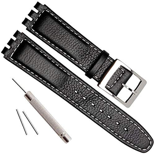 OliBoPo Uhrenarmband für Swatch mit Krokodilleder-Schnalle, Alligator-Narbenleder, Weiße Nähte/Schwarz, 17 mm, Armband, Aktiv