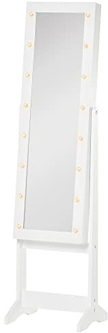 HOMCOM LED Schmuckschrank mit Spiegel Spiegelschrank Standspiegel Schmuckregal Spiegel verstellbar Cremeweiß 136 cm hoch