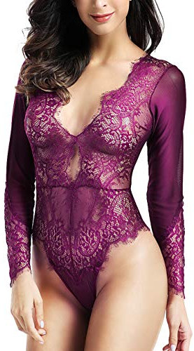 LOVE YOU SEXY Women Lace Lingerie, Long Sleeves Bodysuit, Deep V Bodysuit, Sheer Mesh Teddy Dark Purple Large