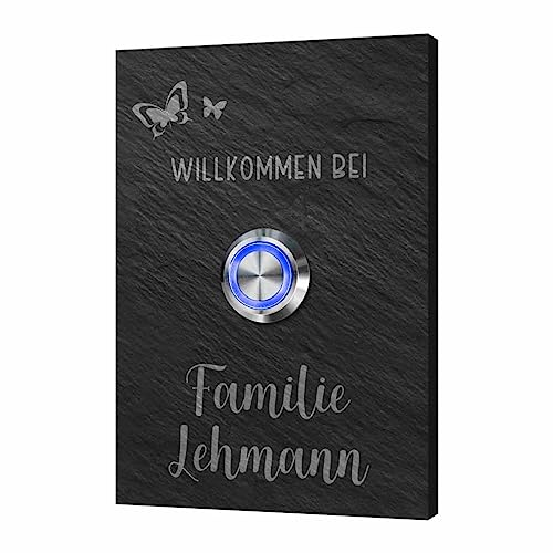 Schiefer Türklingel mit Wunschgravur und Motiven - Klingel Modell Lehmann ab 7x10 cm | Optional mit beleuchtetem Klingelknopf und Dekor Acrylglasplatten