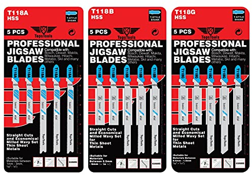 15 x TopsTools JSTTK3118 T118A T118B T118G lames de scie sauteuse pour coupe de métal compatibles avec Bosch Dewalt Makita Milwaukee et bien d'autres