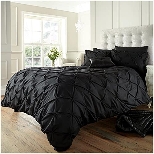 GC GAVENO CAVAILIA Luxury Pintuck Duvet Cover Single, Polycotton Pinch Pleat Bedding Sets, Washable Quilt Covers With Pillow Case Black